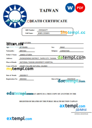 editable template, Taiwan death certificate Word and PDF template, completely editable