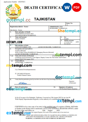 editable template, Tajikistan vital record death certificate Word and PDF template