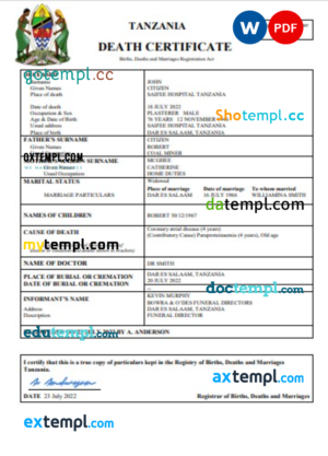 editable template, Tanzania vital record death certificate Word and PDF template