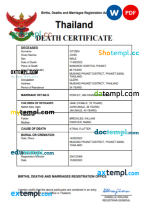 editable template, Thailand death certificate Word and PDF template, completely editable