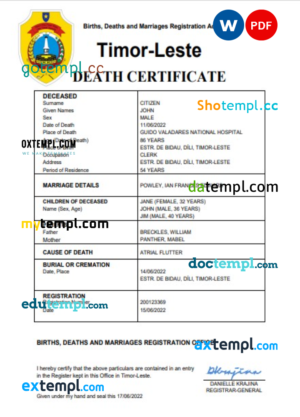 editable template, Timor-Leste vital record death certificate Word and PDF template