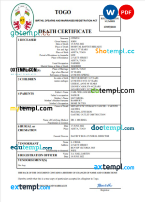 editable template, Togo vital record death certificate Word and PDF template