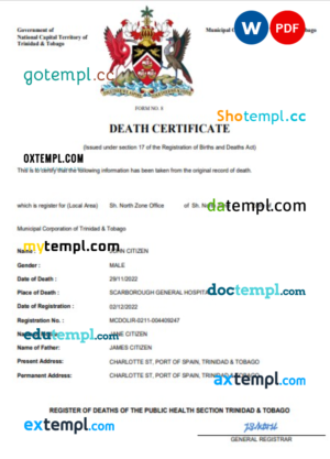 editable template, Trinidad and Tobago death certificate Word and PDF template, completely editable