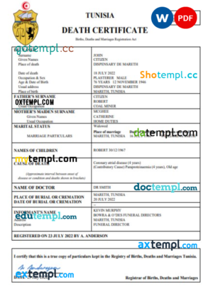 editable template, Tunisia vital record death certificate Word and PDF template