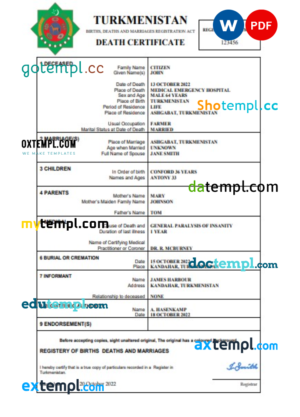 editable template, Turkmenistan death certificate Word and PDF template, completely editable