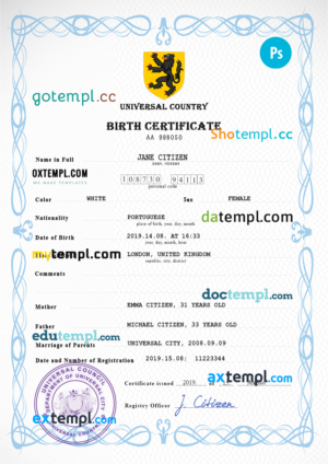 editable template, # major universal birth certificate PSD template, fully editable