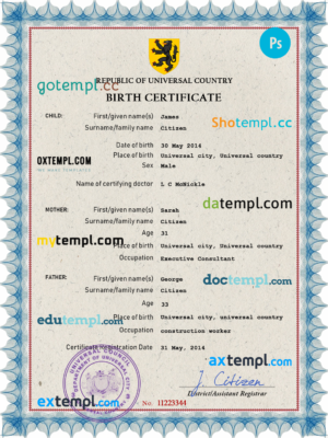editable template, # mass project universal birth certificate PSD template, completely editable