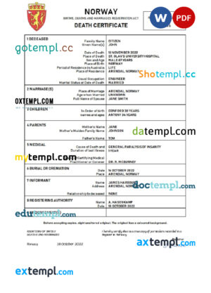 editable template, Norway vital record death certificate Word and PDF template