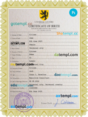 editable template, # praise universal birth certificate PSD template, completely editable
