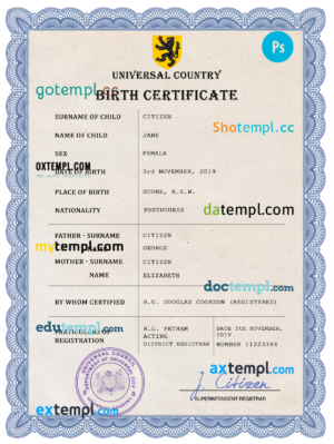 editable template, # prosper universal birth certificate PSD template, fully editable