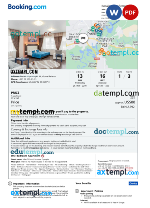 editable template, Belarus hotel booking confirmation Word and PDF template, 2 pages