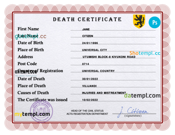 editable template, # rave vital record death certificate universal PSD template