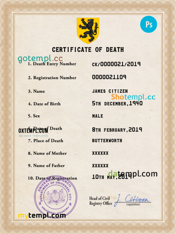 editable template, # scope vital record death certificate universal PSD template