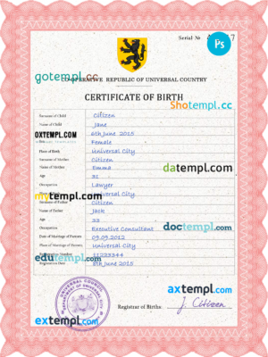 editable template, # scribe universal birth certificate PSD template, fully editable