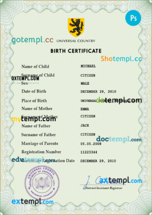 editable template, # wisdom universal birth certificate PSD template, fully editable