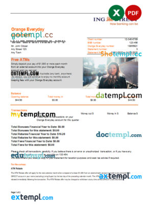 editable template, Australia ING Direct bank statement, Excel and PDF template, 2 pages