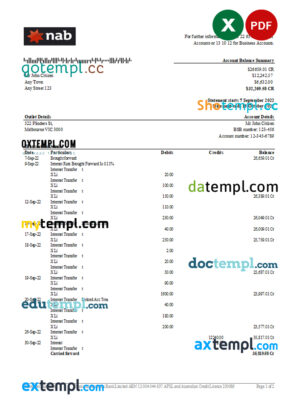 editable template, Australia NAB bank statement, Excel and PDF template, 2 pages