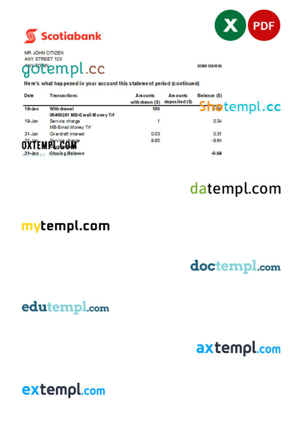 editable template, Australia Scotiabank bank statement, Excel and PDF template, 2 pages
