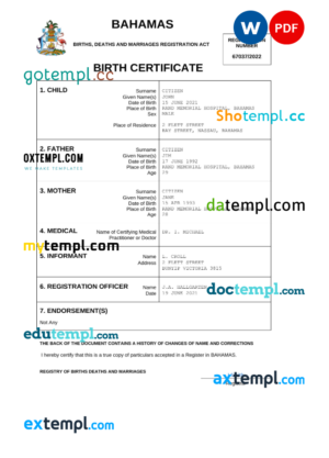editable template, Bahamas vital record birth certificate Word and PDF template, completely editable