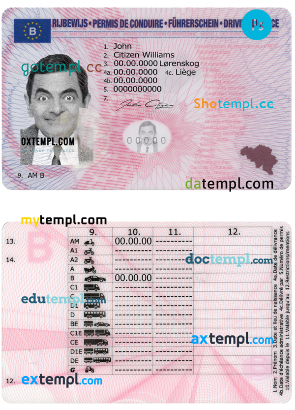 editable template, Belgium driving license PSD template, version 2