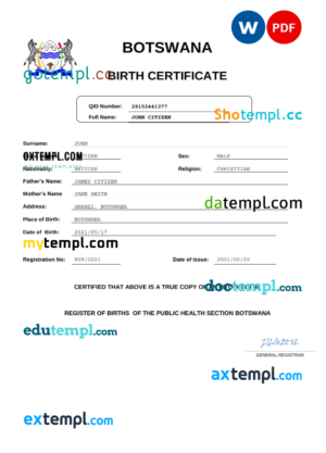editable template, Botswana birth certificate Word and PDF template, completely editable