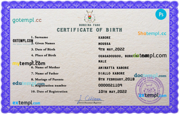 editable template, Burkina Faso vital record birth certificate PSD template, fully editable
