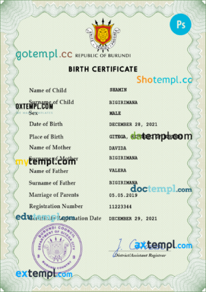 editable template, Burundi vital record birth certificate PSD template
