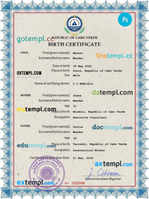 editable template, Cabo Verde vital record birth certificate PSD template, completely editable