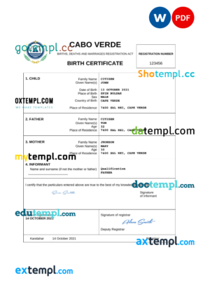editable template, Cabo Verde vital record birth certificate Word and PDF template, completely editable