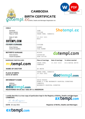 editable template, Cambodia birth certificate Word and PDF template, completely editable