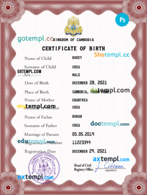 editable template, Cambodia birth certificate PSD template, completely editable