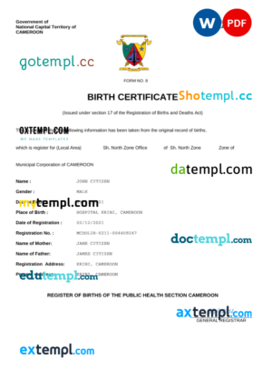 editable template, Cameroon vital record birth certificate Word and PDF template, completely editable