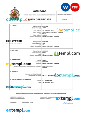 editable template, Canada birth certificate Word and PDF template, completely editable