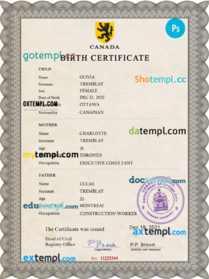 editable template, Canada vital record birth certificate PSD template, completely editable