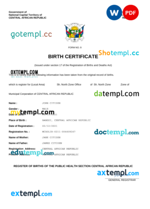 editable template, Central Affrican Republic vital record birth certificate Word and PDF template, completely editable