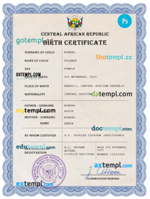 editable template, Central African Republic birth certificate PSD template, completely editable