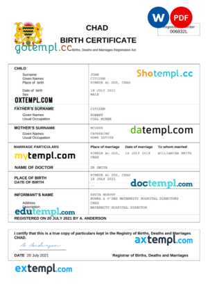 editable template, Chad birth certificate Word and PDF template, completely editable