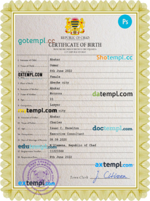 editable template, Chad vital record birth certificate PSD template, fully editable