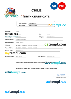 editable template, Chile vital record birth certificate Word and PDF template, completely editable