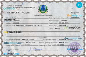 editable template, Chile vital record birth certificate PSD template
