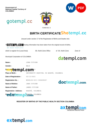 editable template, Colombia vital record birth certificate Word and PDF template, completely editable