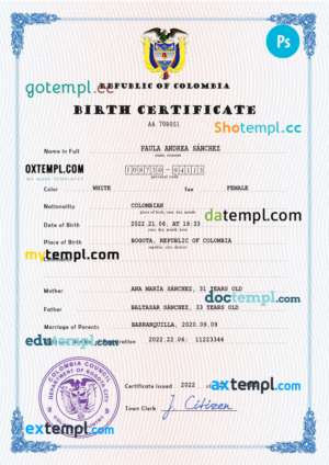 editable template, Colombia birth certificate PSD template, completely editable