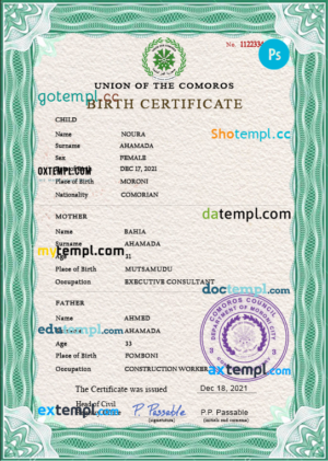 editable template, Comoros vital record birth certificate PSD template, fully editable