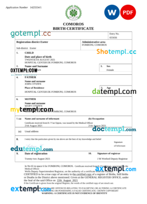 editable template, Comoros birth certificate Word and PDF template, completely editable