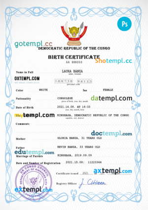 editable template, Democratic Republic of the Congo vital record birth certificate PSD template
