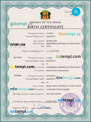 editable template, Congo (Republic of the) vital record birth certificate PSD template, completely editable