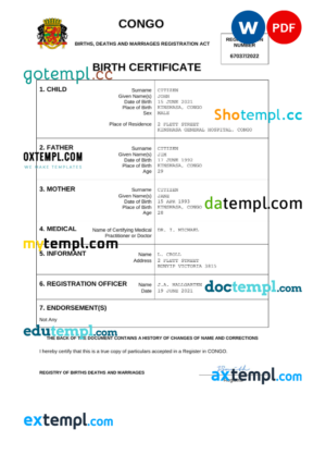 editable template, Congo vital record birth certificate Word and PDF template, completely editable