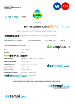editable template, Costa Rica birth certificate Word and PDF template, completely editable