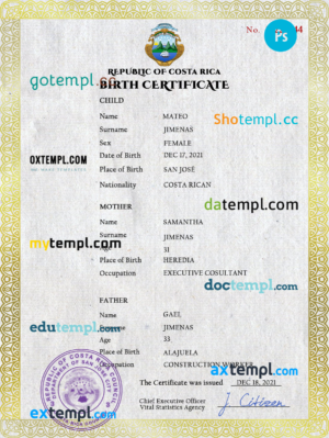 editable template, Costa Rica birth certificate PSD template, completely editable