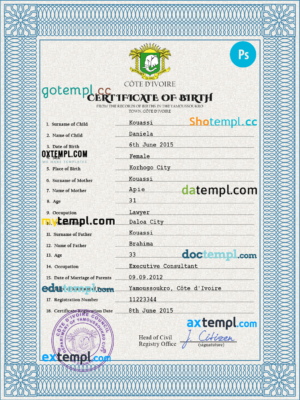 editable template, Côte d'Ivoire vital record birth certificate PSD template, fully editable